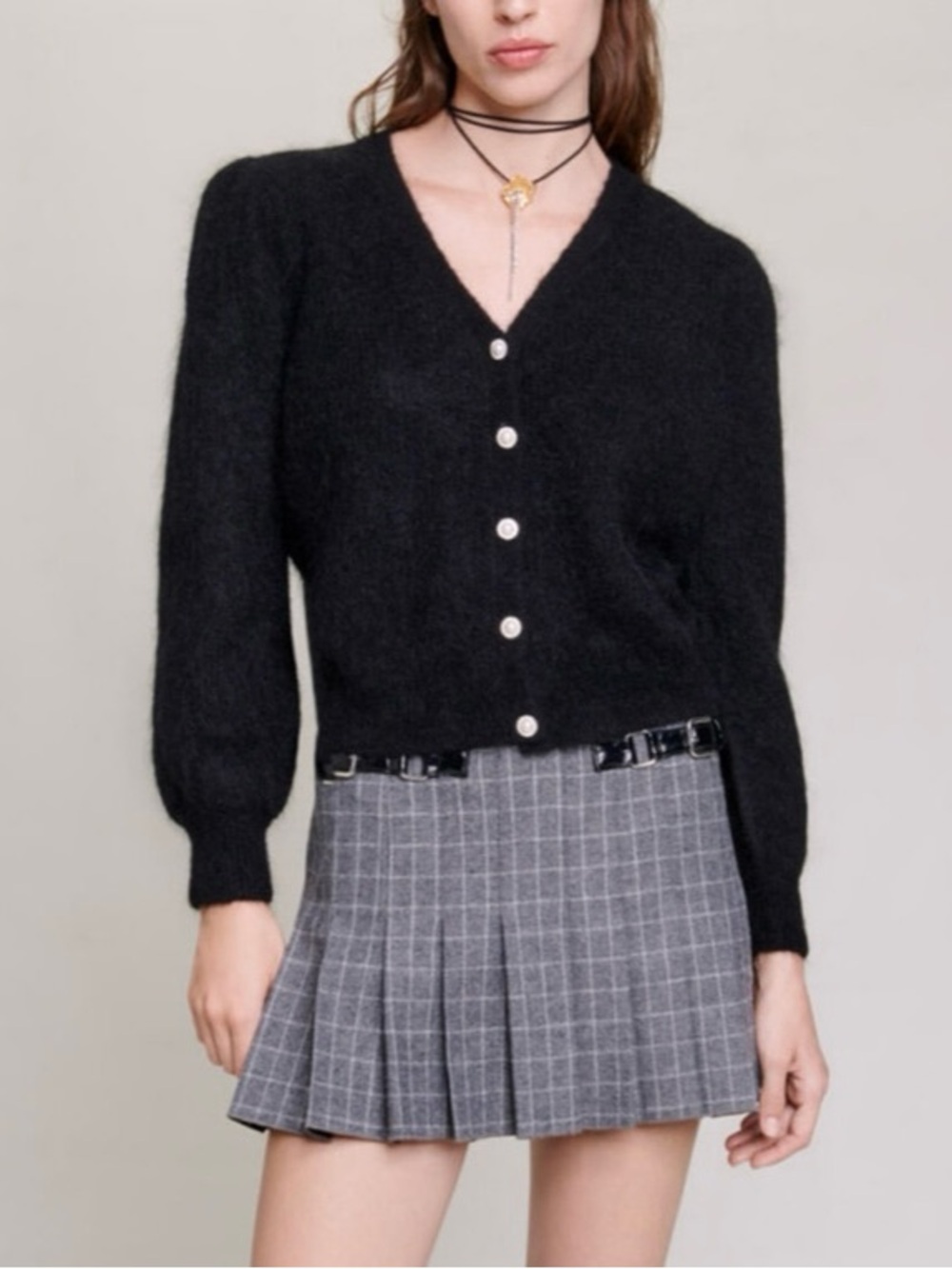Maje Black Mohair Wool Cardigan Pearl Rhinestone Button Sweater Size 4 US XL